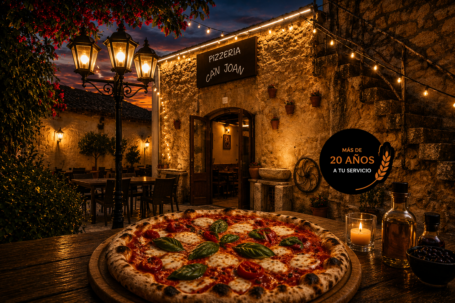 Terraza de la Pizzería Can Joan en Llucmajor por la noche con luces cálidas y pizza artesanal
